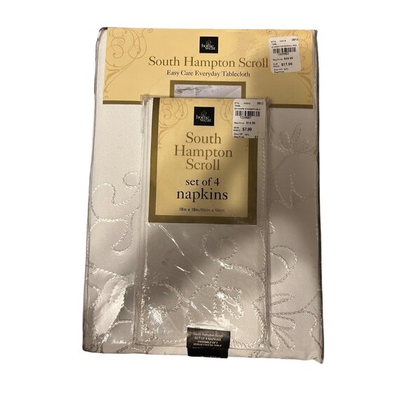 South Hampton Scroll Easy Care Tablecloth & Napkins Set 60" X 84" White Polyeste - Picture 1 of 5